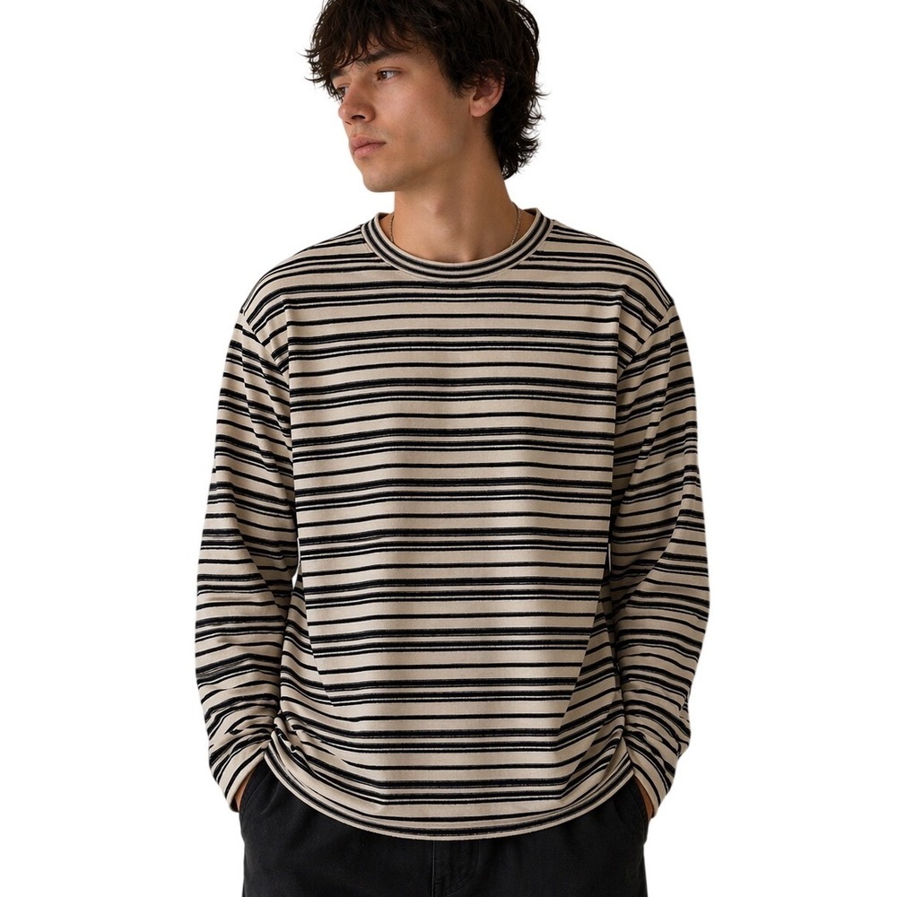 Banana Republic Men's Long Sleeve Striped Tee in Beige and Black
